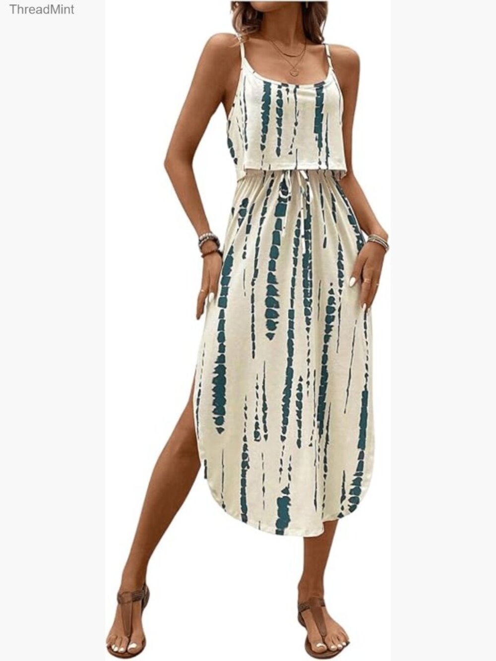 Spaghetti Strap Tie Dye Midi Dress, Split Thigh, Lightweight Summer Resort Wear